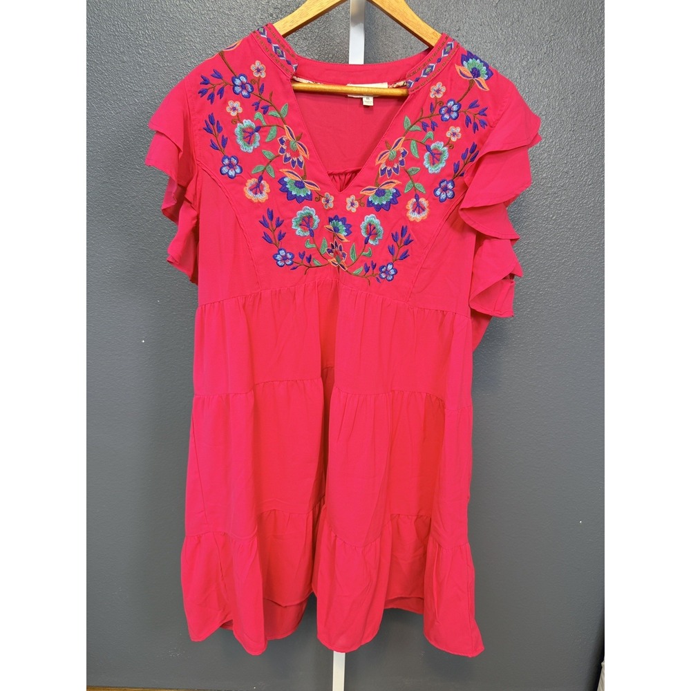 Umgee Floral Embroidery Babydoll Dress Linen Blend Pink Boho Resort Summer Sz 1X